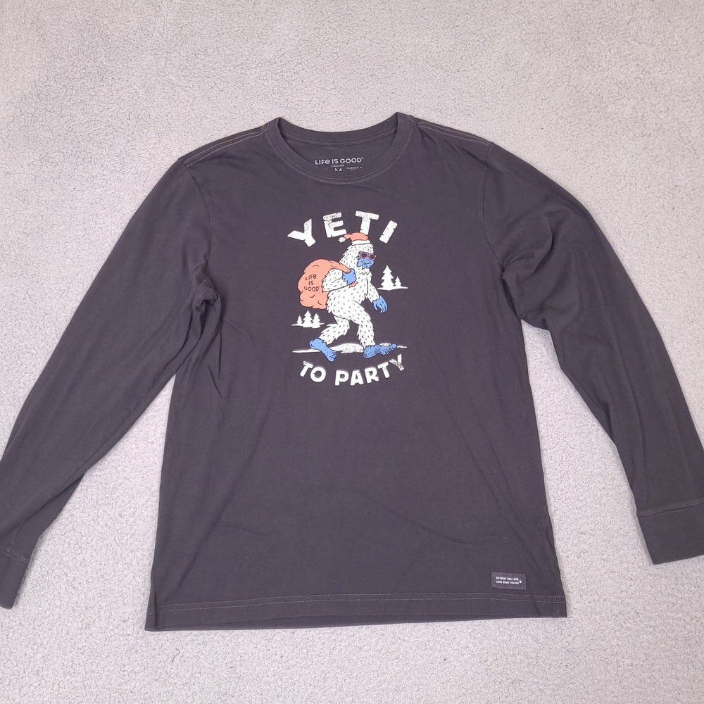 Life Is Good Crusher Tee Mens Medium Black YETI To Party T-Shirt Long Sleeve